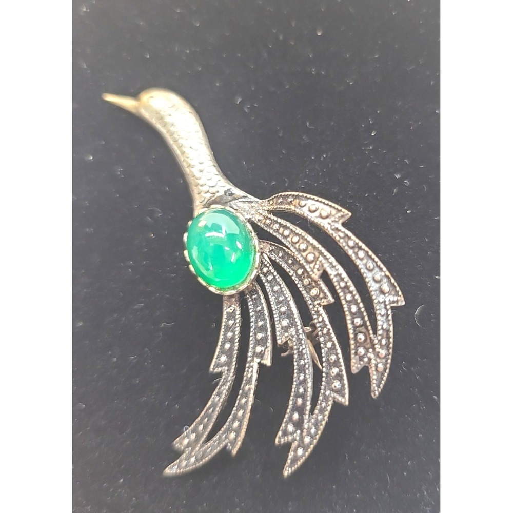 Vintage Silver Bird Pin Brooch w Green Stone Signed SPRIN